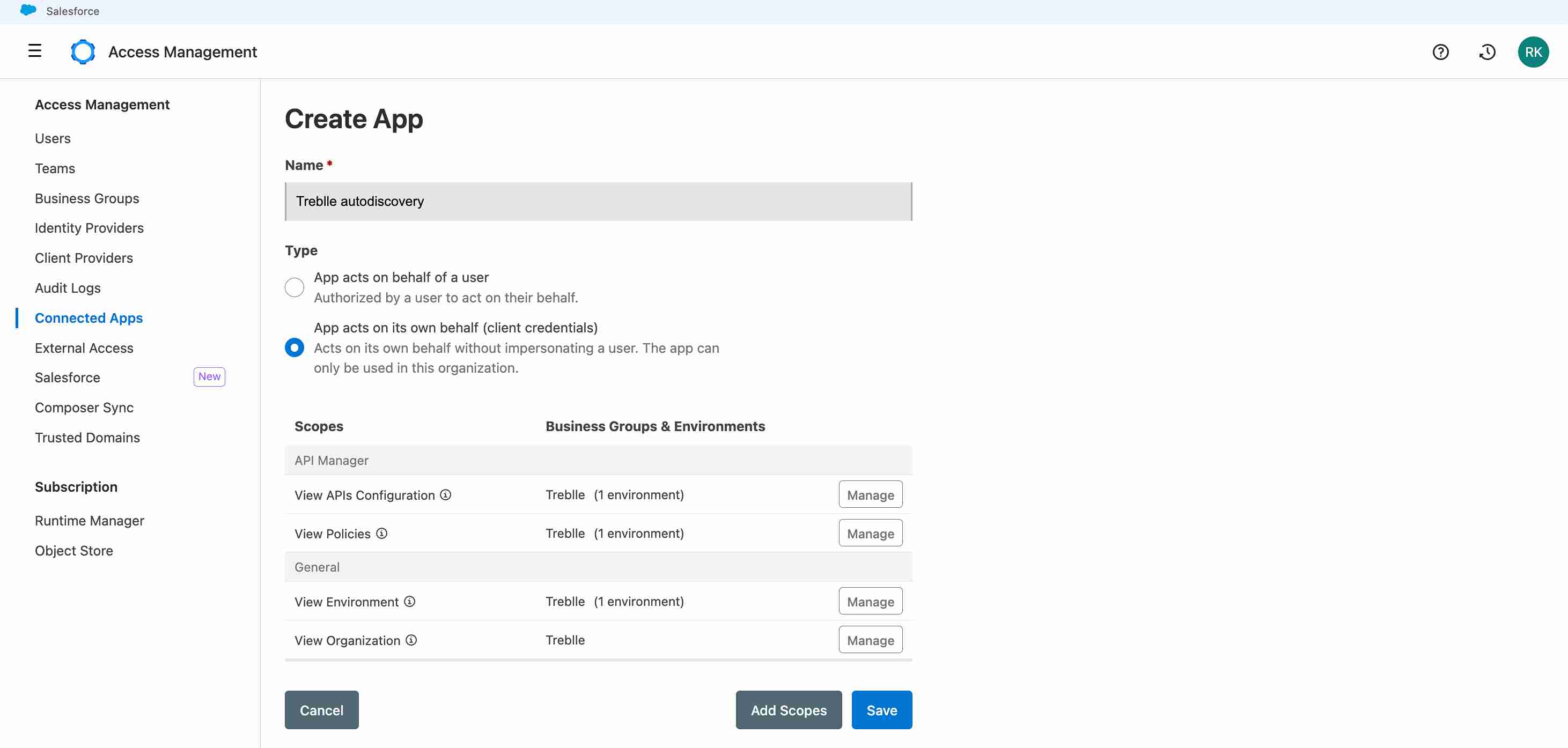 Connected app scopes configuration