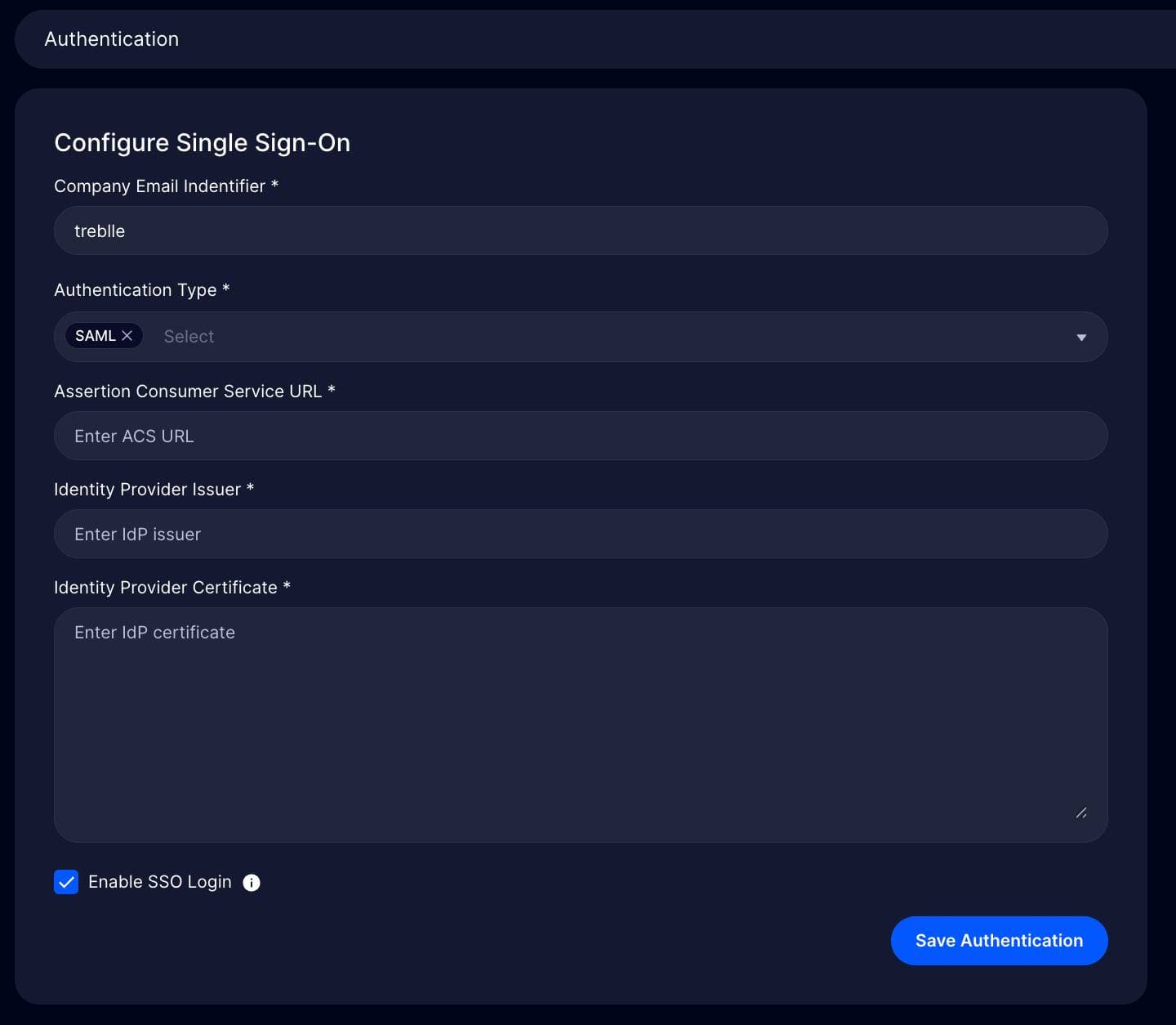 Empty SSO Configuration Form