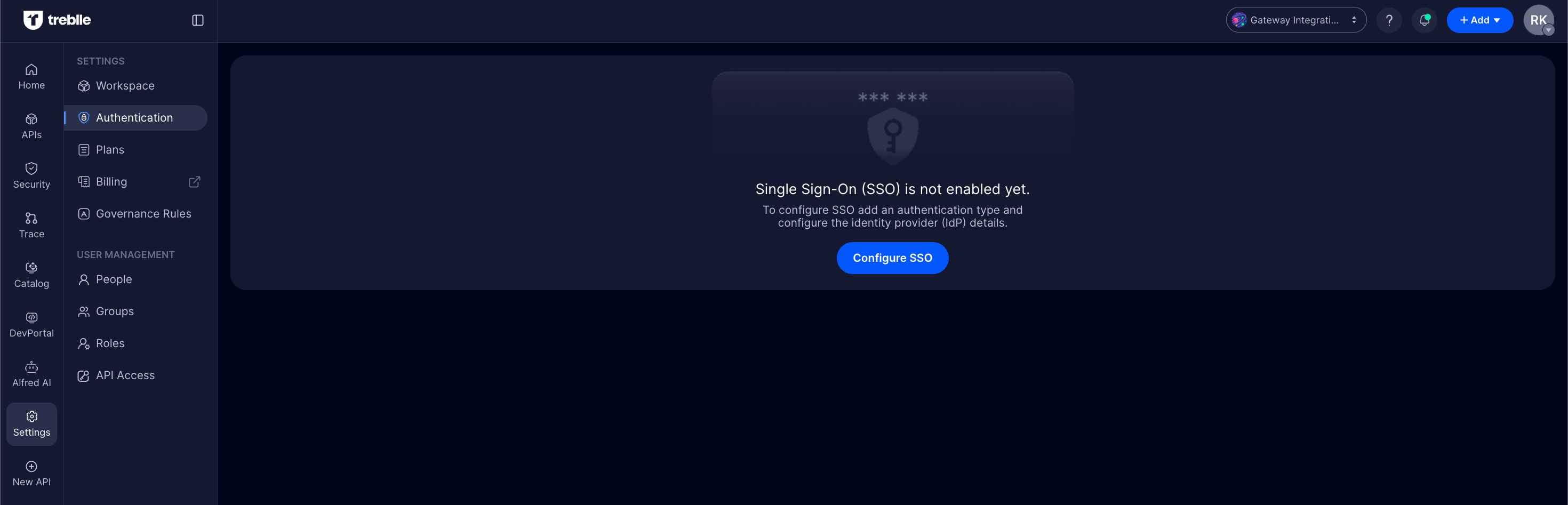 Treblle Authentication Settings - Empty State
