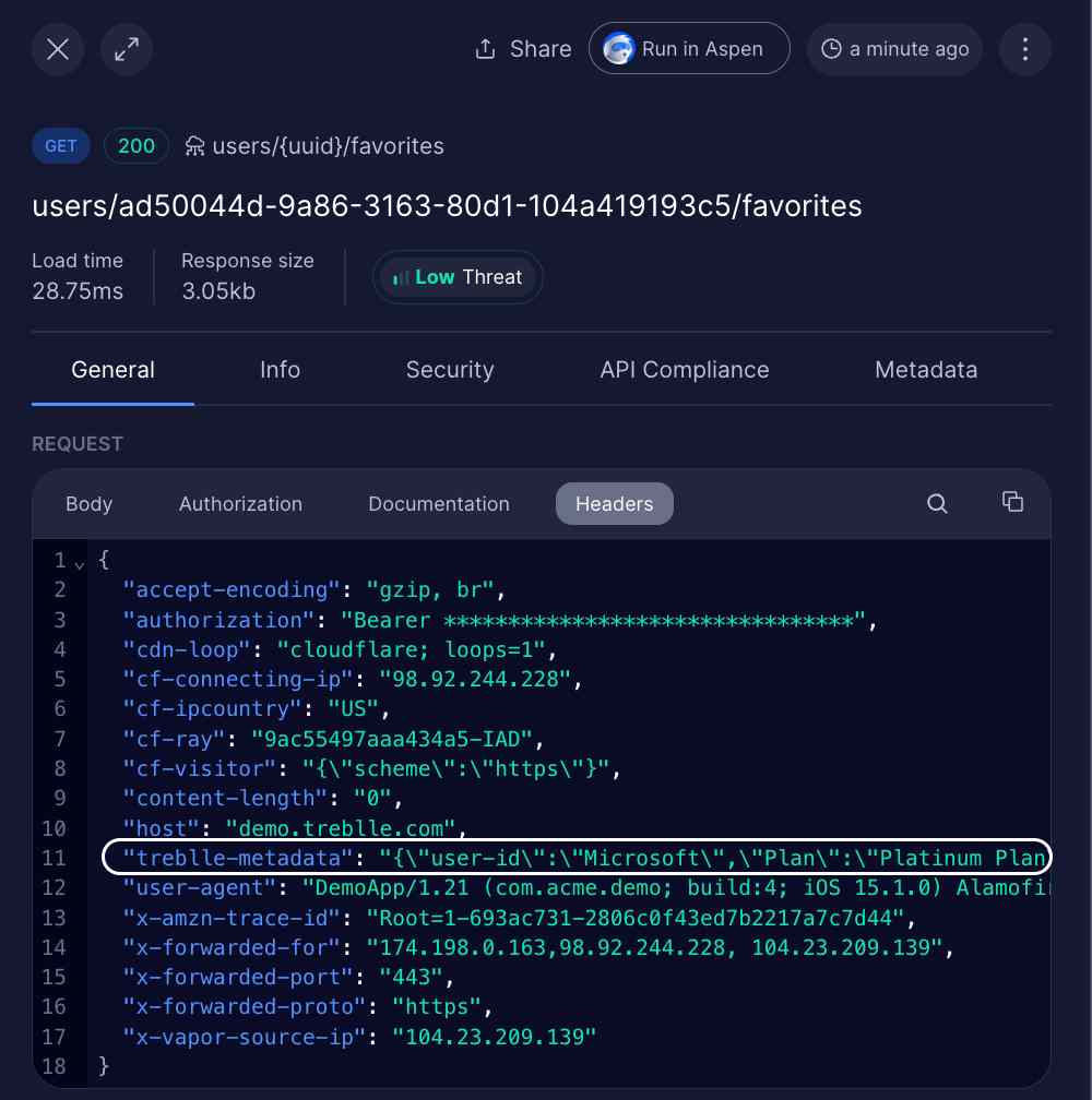 Request Headers with treblle-metadata Highlighted