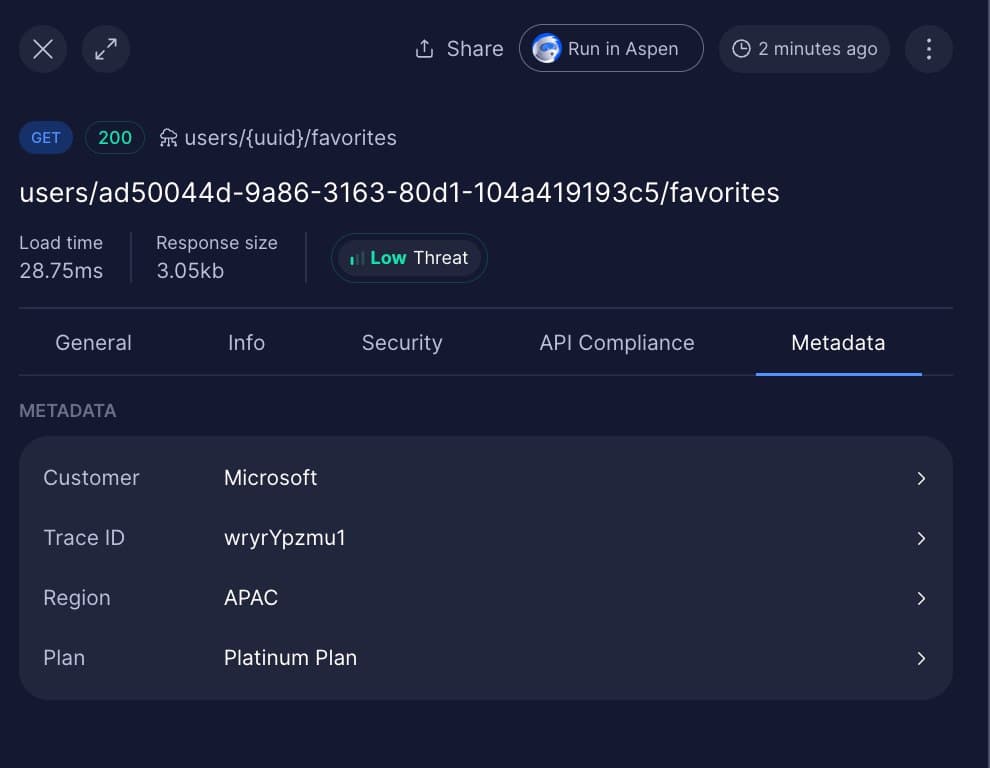 Metadata Tab Showing Parsed Customer Information