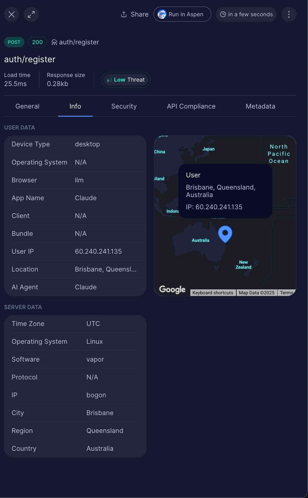 User IP Information and Geographic Location Map